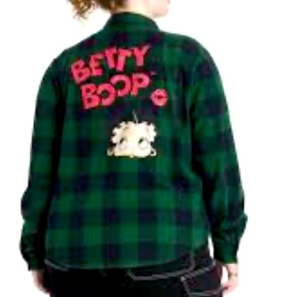 Betty Boop shacket Hunter Green Black Plaid Shirt button up cotton New top Sz M - Picture 1 of 7